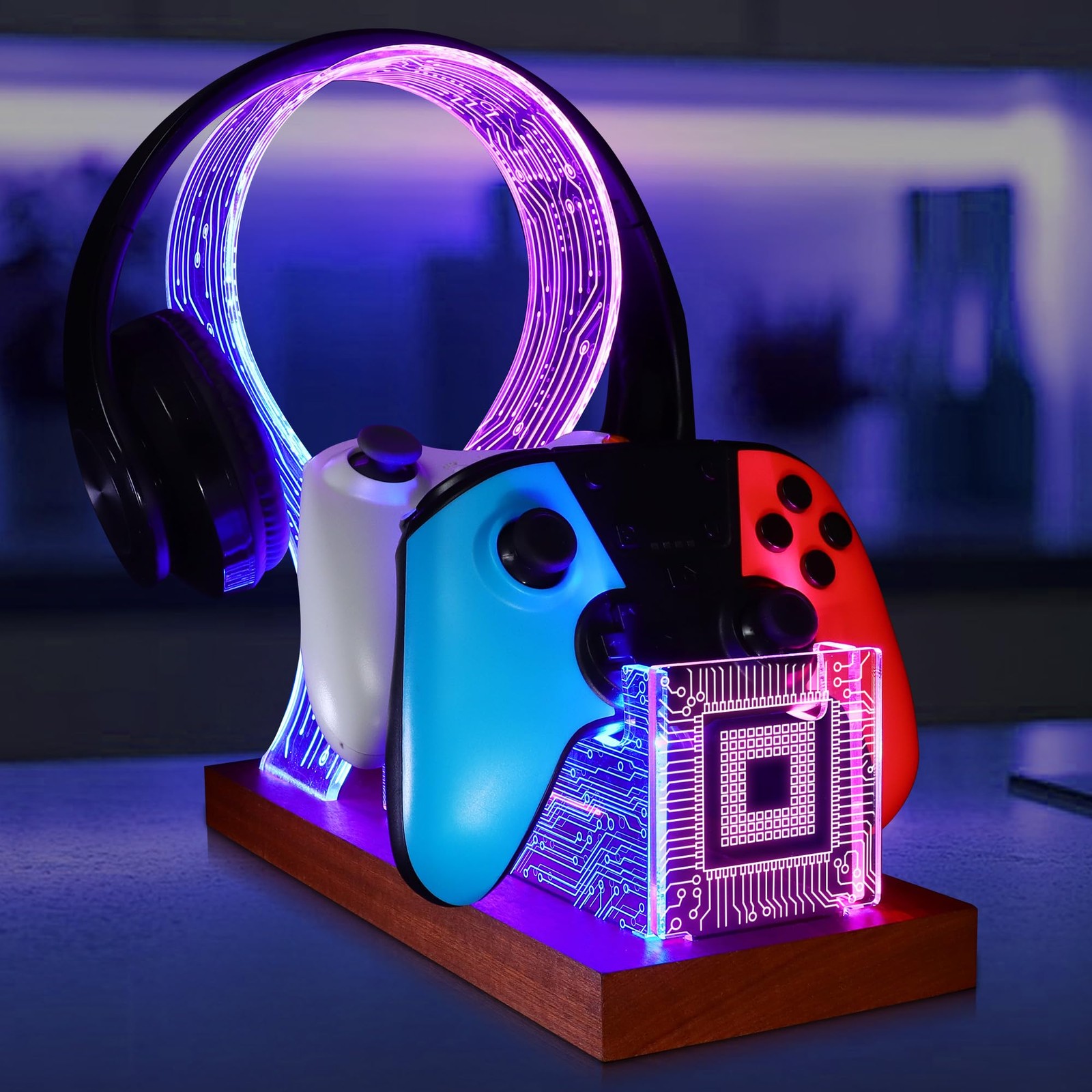 Desk Gaming Headset Controller Stand Blue Pink LED Night Light PCB Pattern