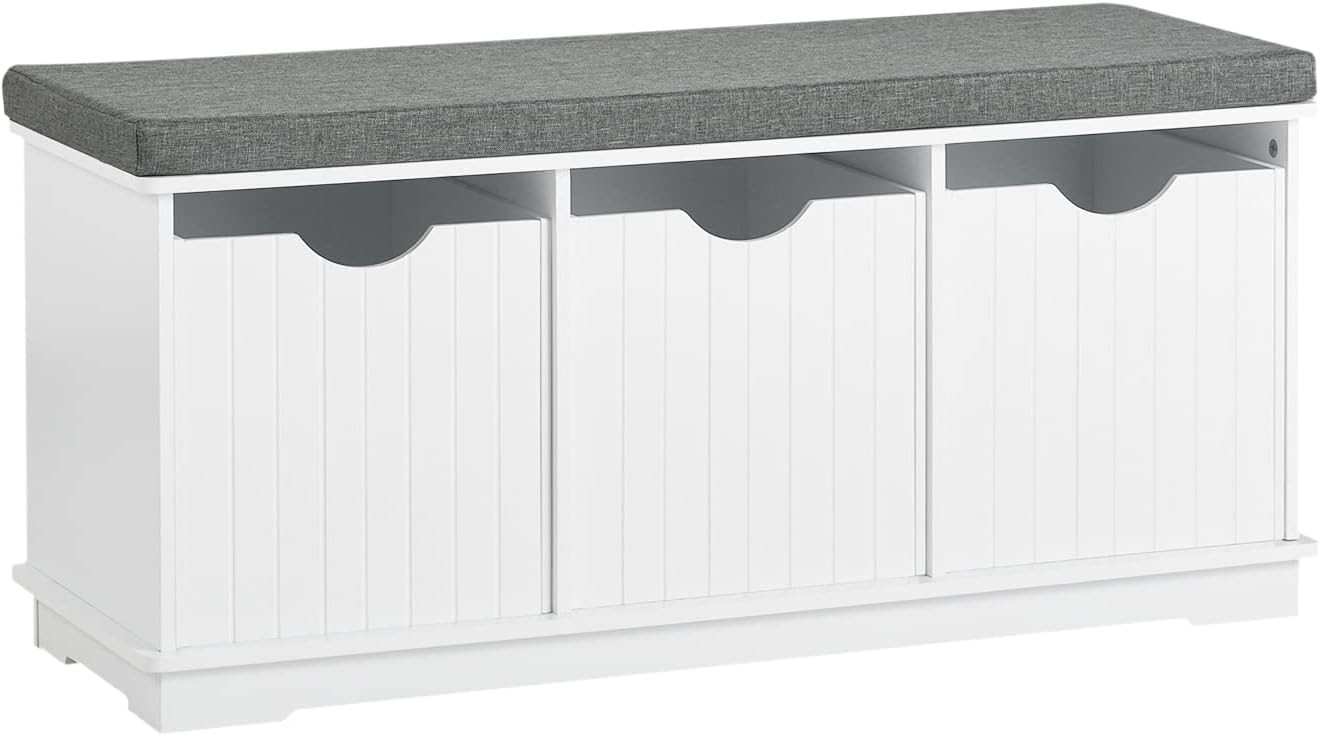 Elegant White Storage Bench with Cushioned Seat & Drawers for Hallway