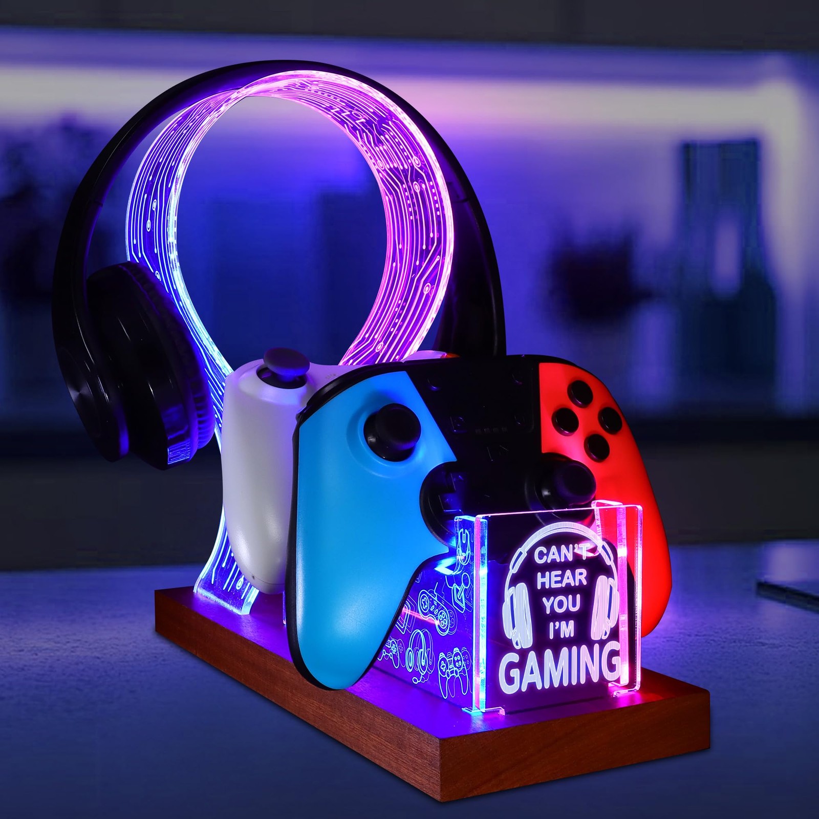 Gaming Headset Controller Stand Acrylic Wood LED Night Light Gamer Desk Gift