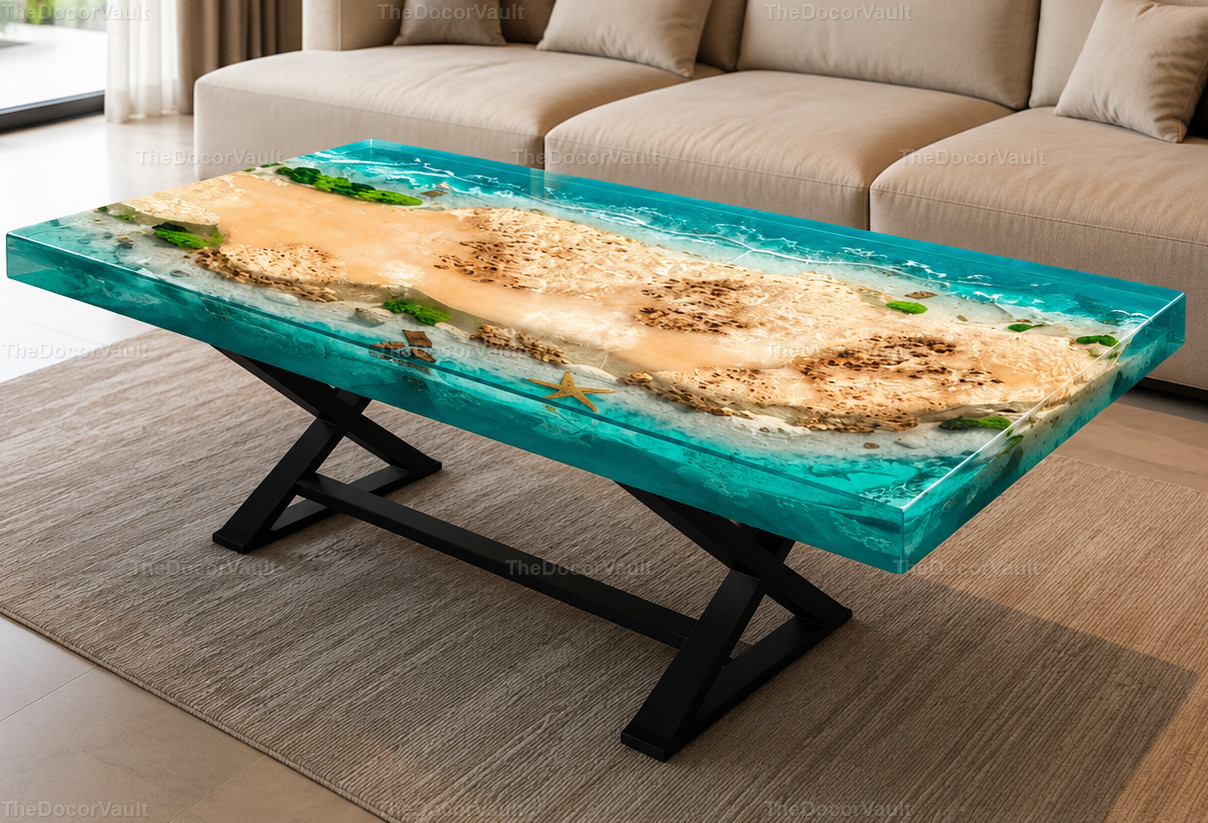 Ocean Wave Epoxy Resin Coffee Table Live Edge Wood Beach Theme Table Coffee top