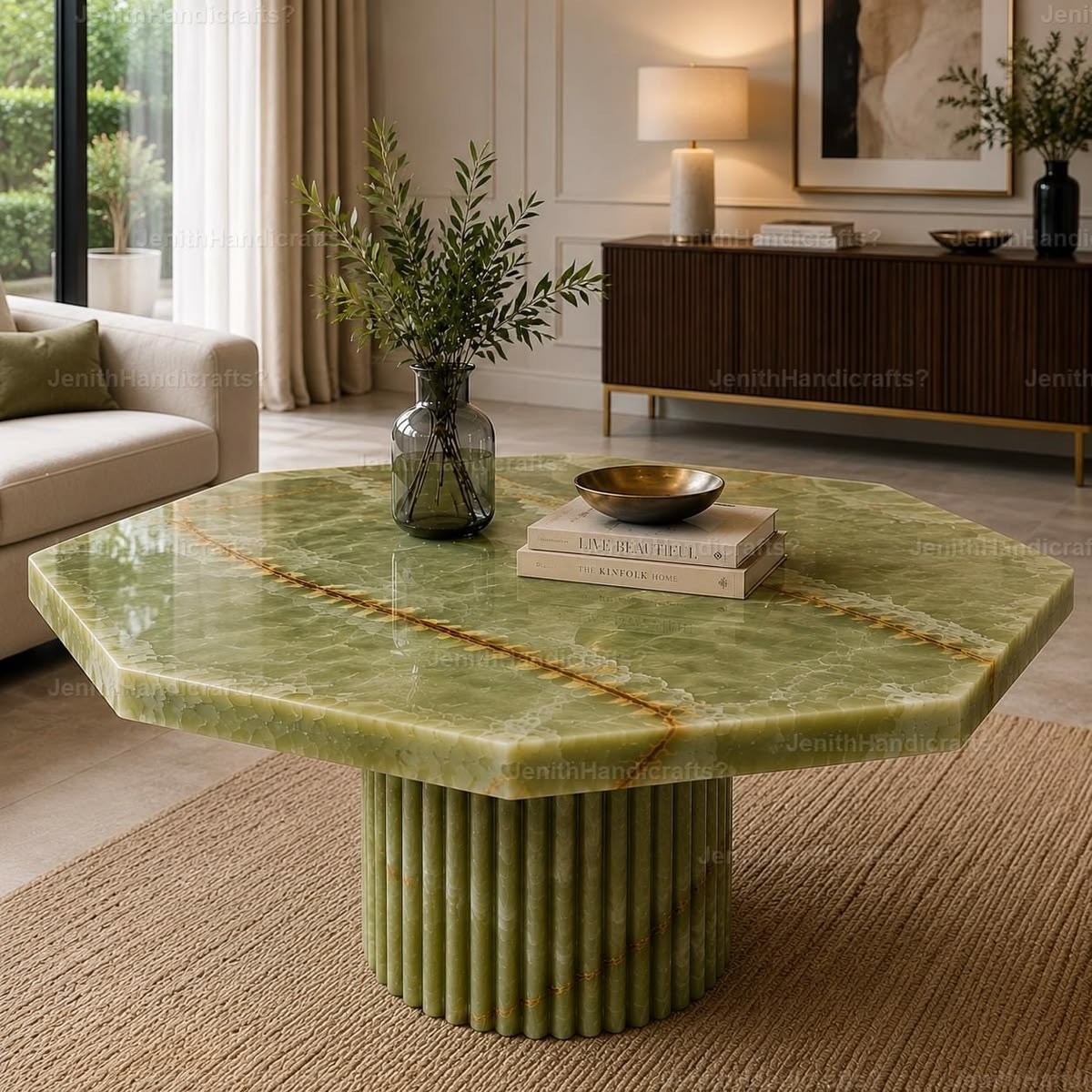 Luxury Green Onyx Coffee Table | Handmade Natural Stone Center Table | Art