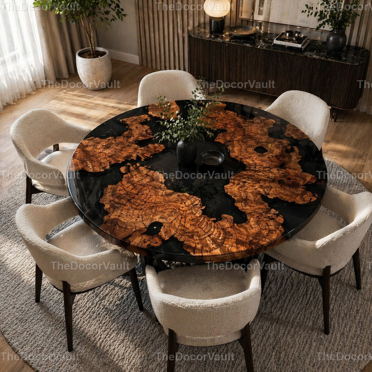 Handmade Live Edge Olive Wood Black Epoxy River Round Dining Table Custom