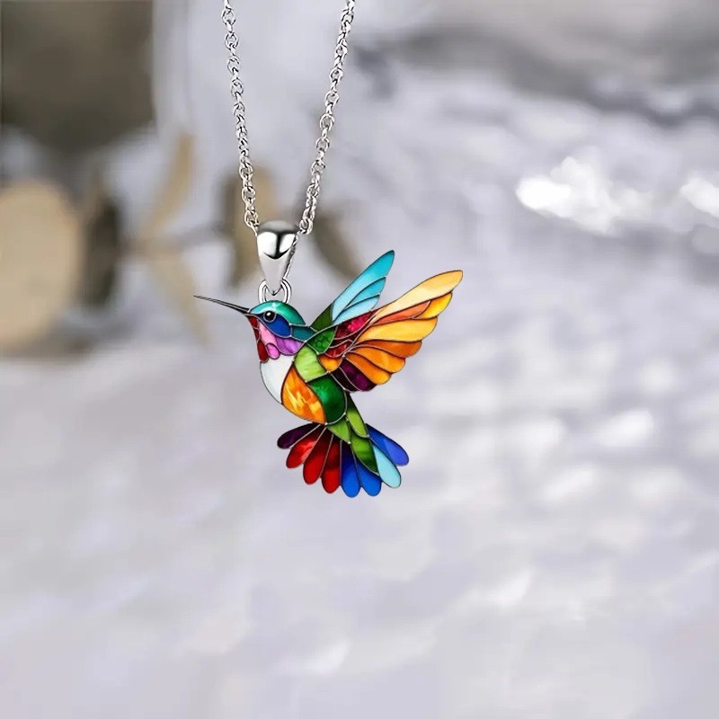 Colorful Hummingbird Pendant Necklace Rainbow Acrylic Bird Women Gift Chain