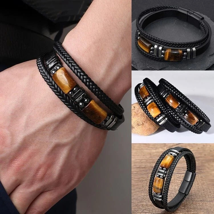 Tiger Eye Black Leather Bracelet Men Energy Crystal Stone Healing Reiki Gift
