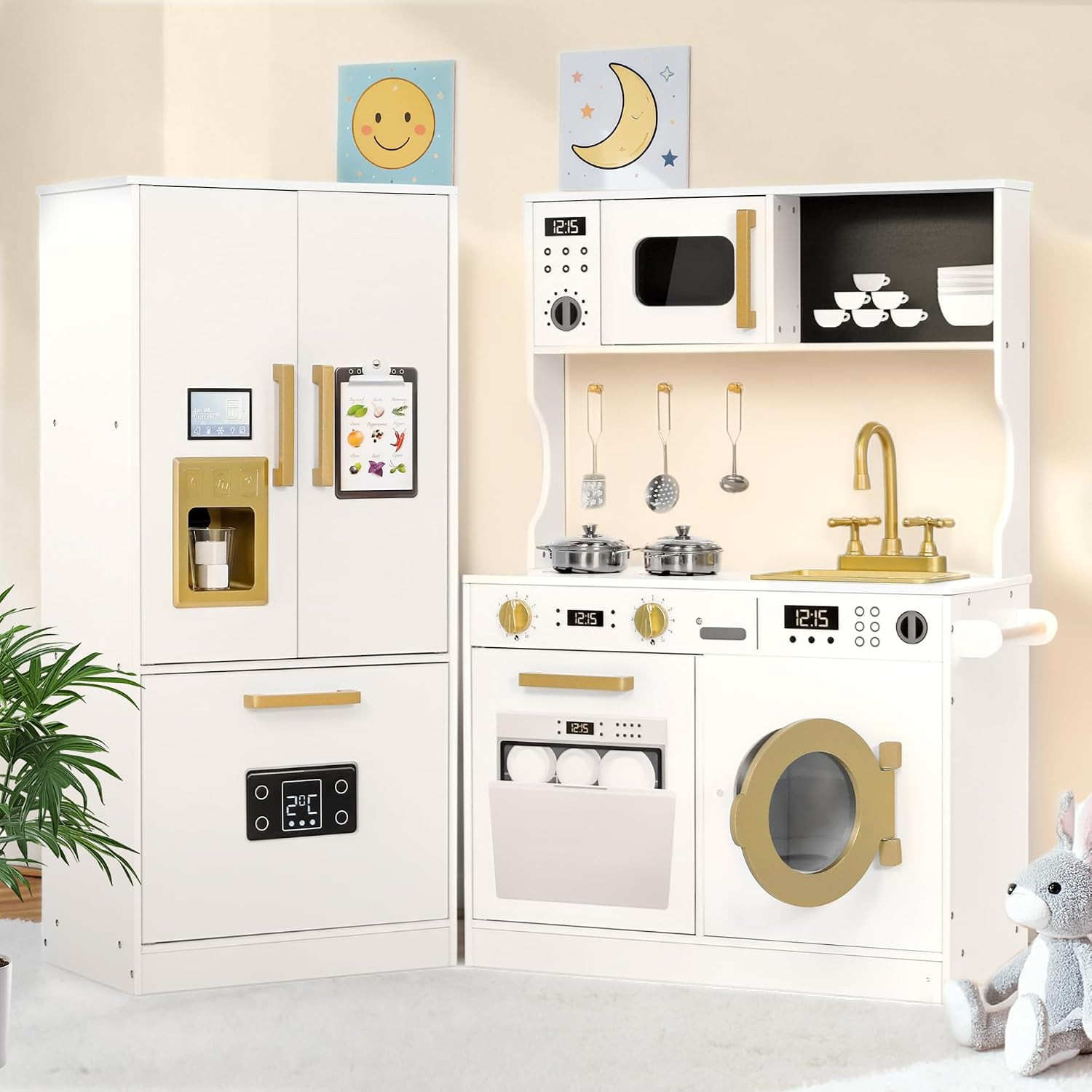 Wooden Kids Play Kitchen Set, Cookware Accessories, White | Transparent Coloring