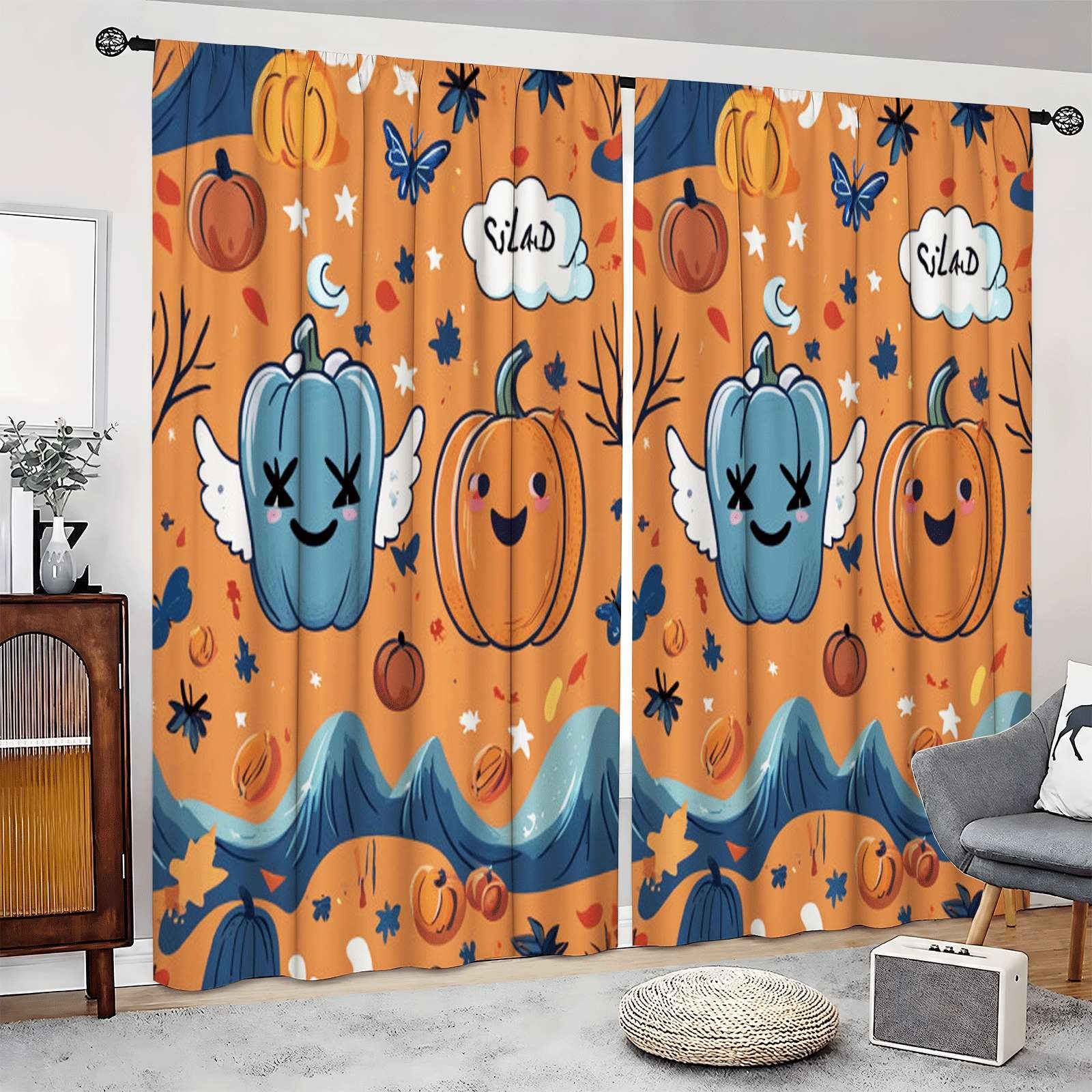 2Pcs Cute Pumpkin Wing Pattern Curtains Thermal Insulated Drapes for Home Decor