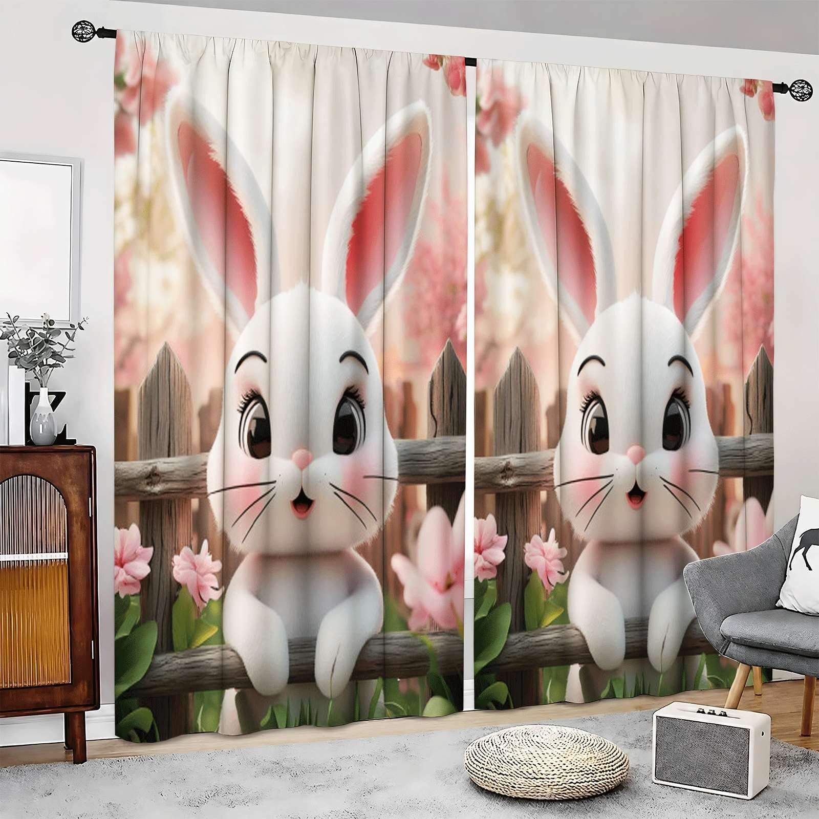 2Pcs Cute Bunny Pink Flowers Curtains Thermal Insulated Drapes for Home Decor