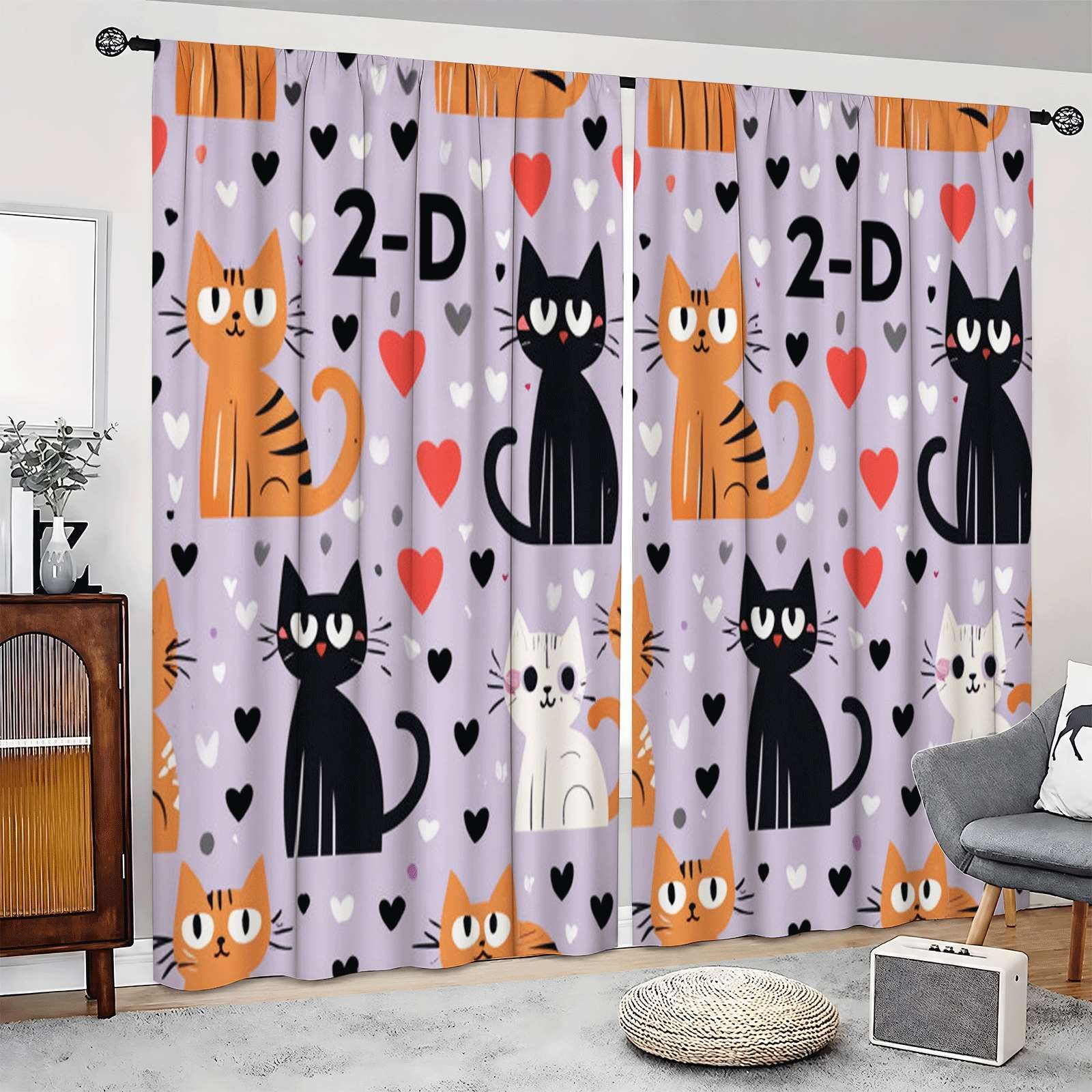 2Pcs Cute Cats Hearts Pattern Curtains Thermal Insulated Drapes for Home Decor
