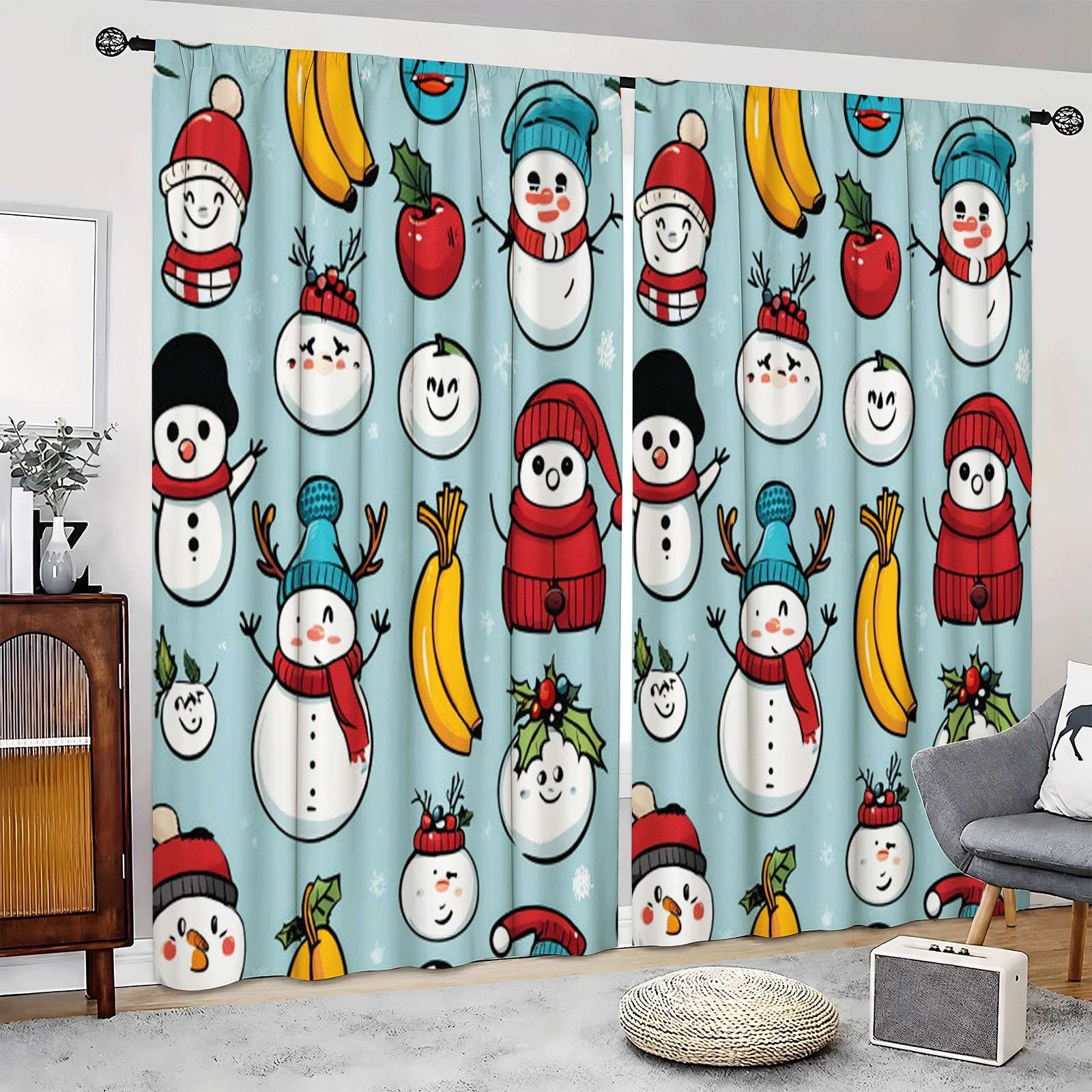 2Pcs Cute Snowman Fruits Pattern Curtains Thermal Insulated Drape for Home Decor