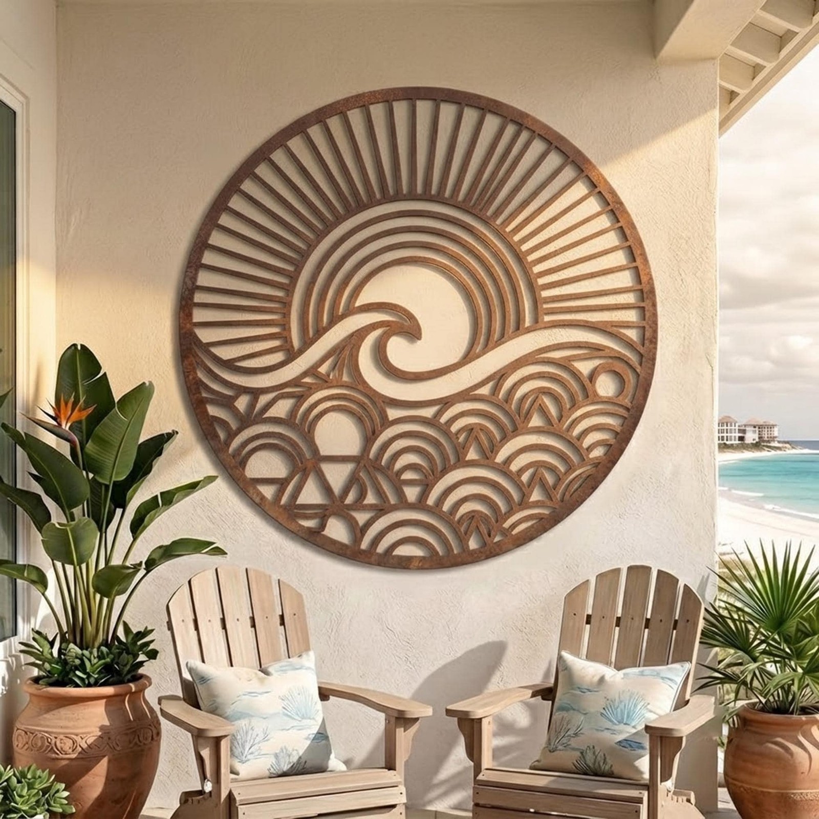 Modern Coastal Wave Metal Wall Art, Ocean Sunset Decor