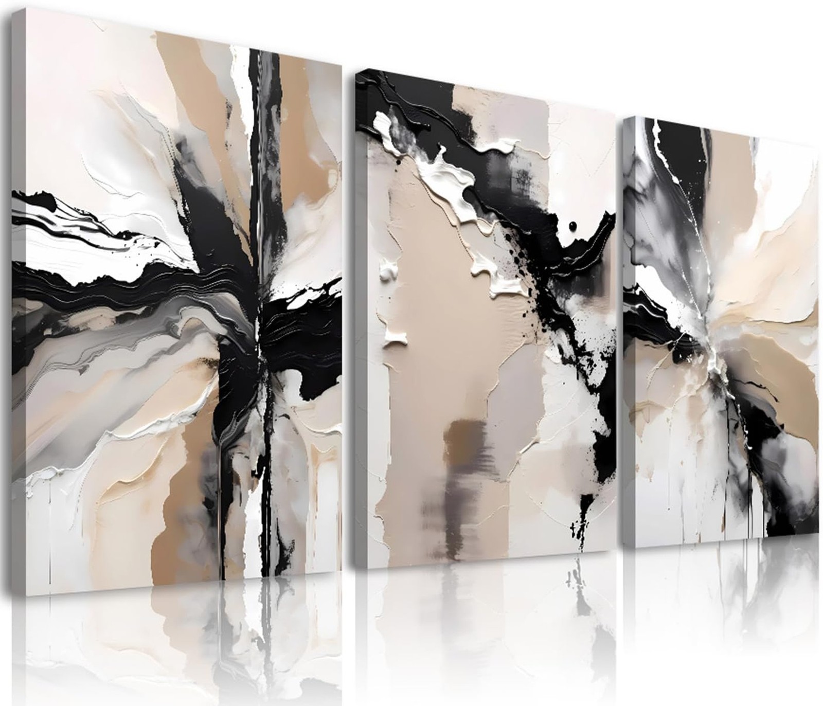 3pcs Framed Black Beige Netural Wall Art,Modern Geometric Abstract Wall Decor...