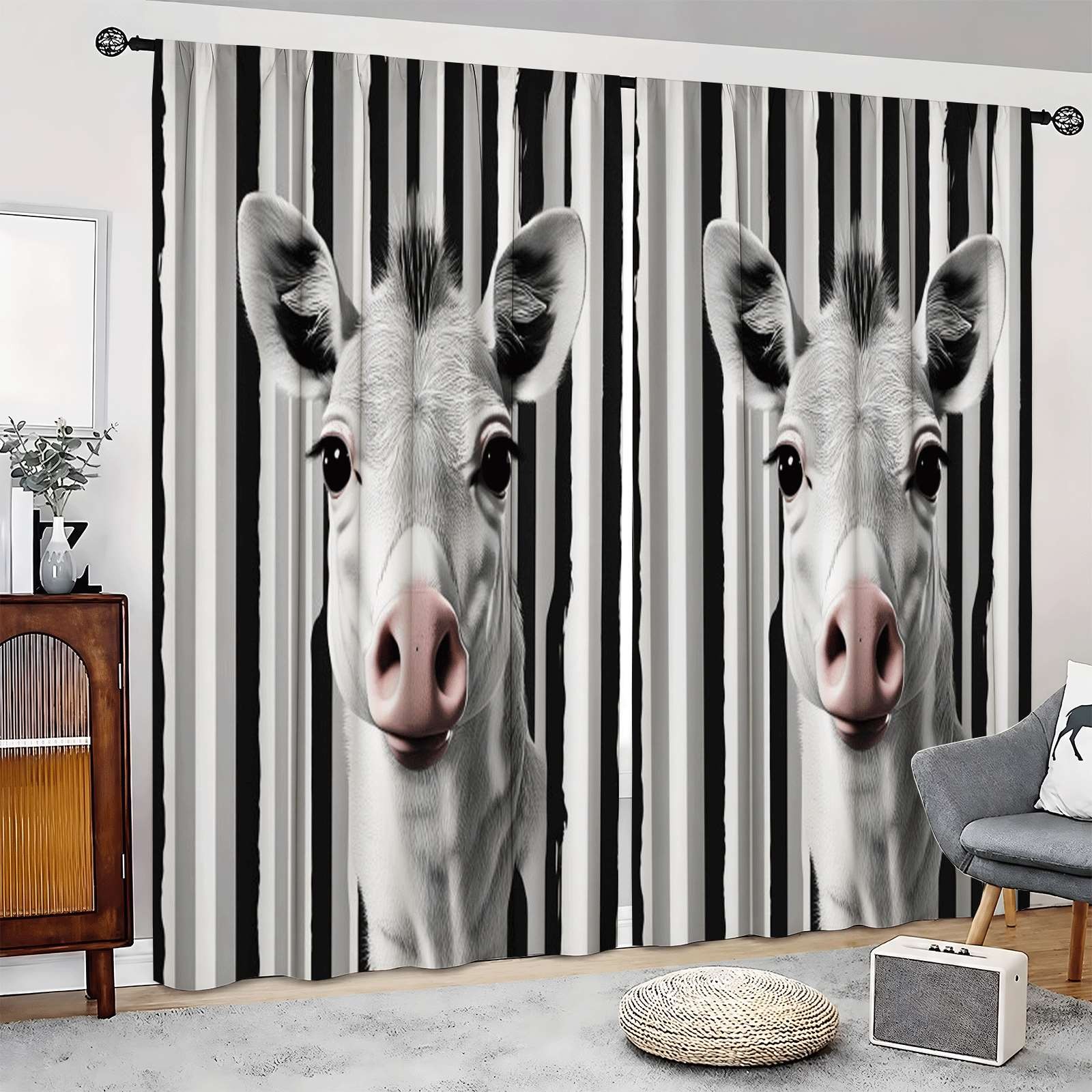 2Pcs Cute Zebra Striped Pattern Curtains Thermal Insulated Drapes for Home Decor