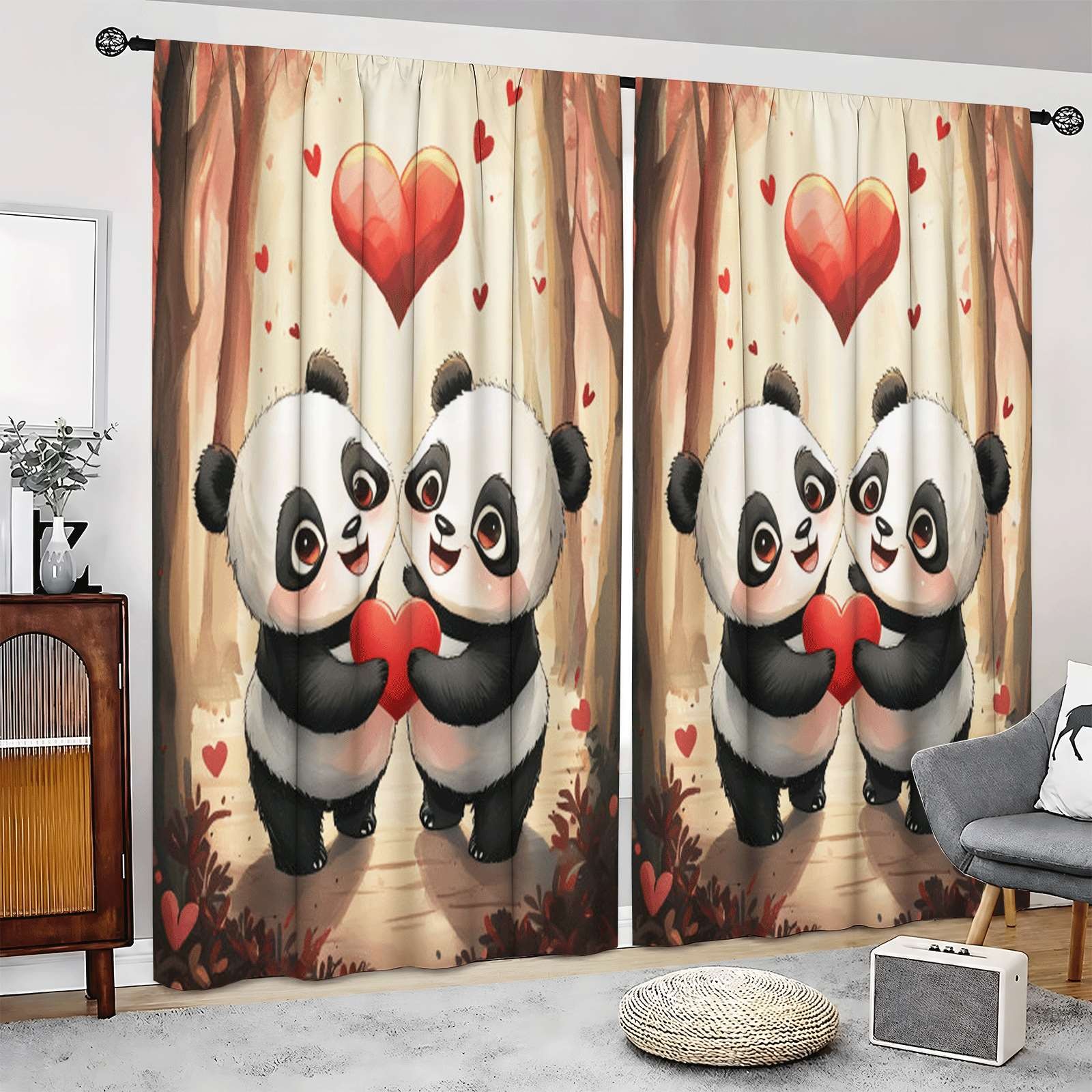 2Pcs Cute Pandas Love Hearts Curtains Thermal Insulated Drapes for Home Decor