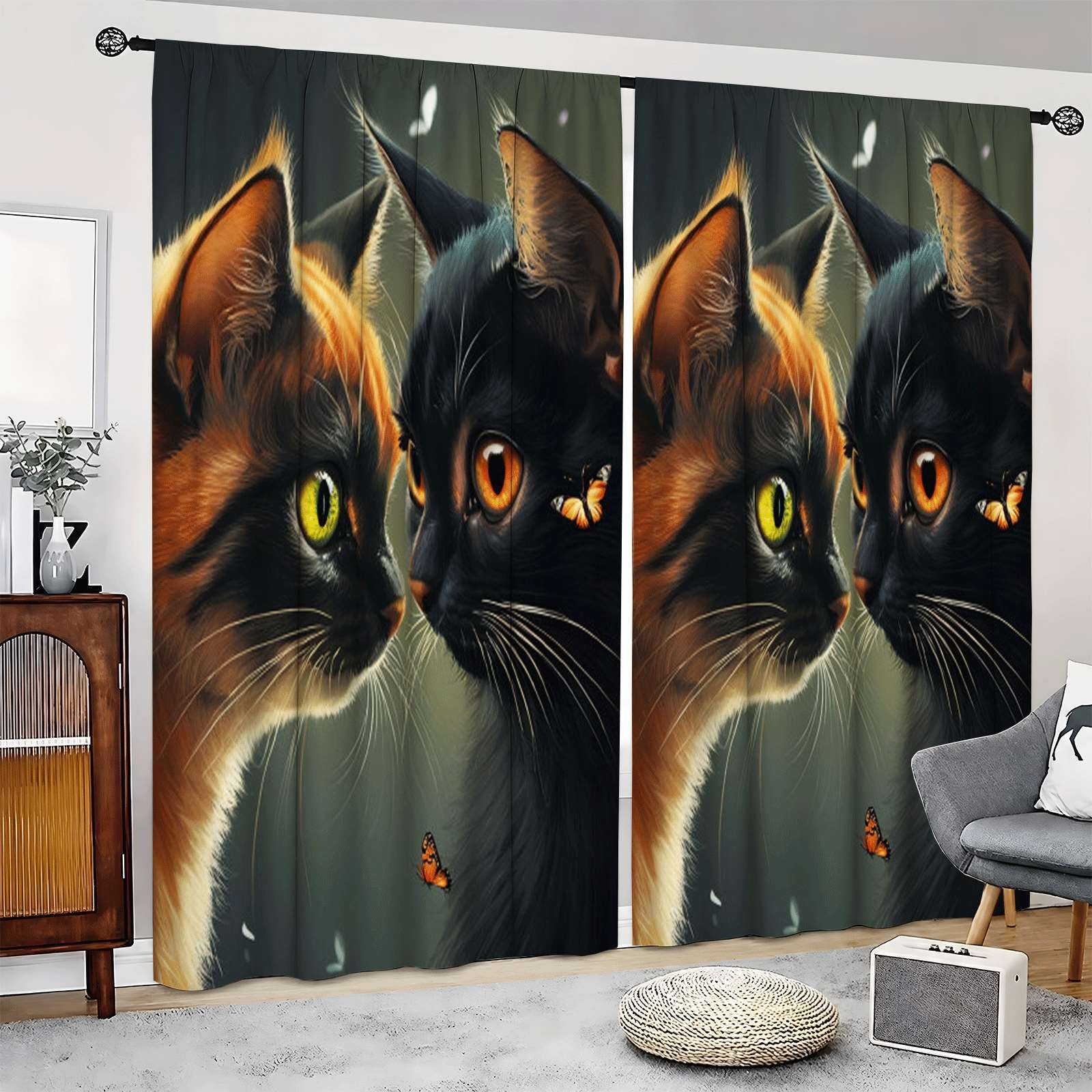 2Pcs Cute Cats and Butterflies Curtains Thermal Insulated Drapes for Home Decor