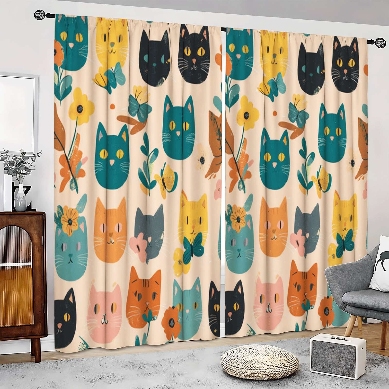 2Pcs Cute Cats Flowers Pattern Curtains Thermal Insulated Drapes for Home Decor