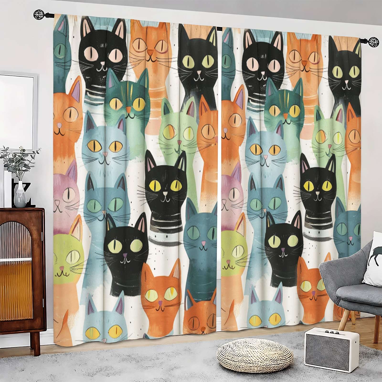 2Pcs Colorful Cute Cats Pattern Curtains Thermal Insulated Drapes for Home Decor