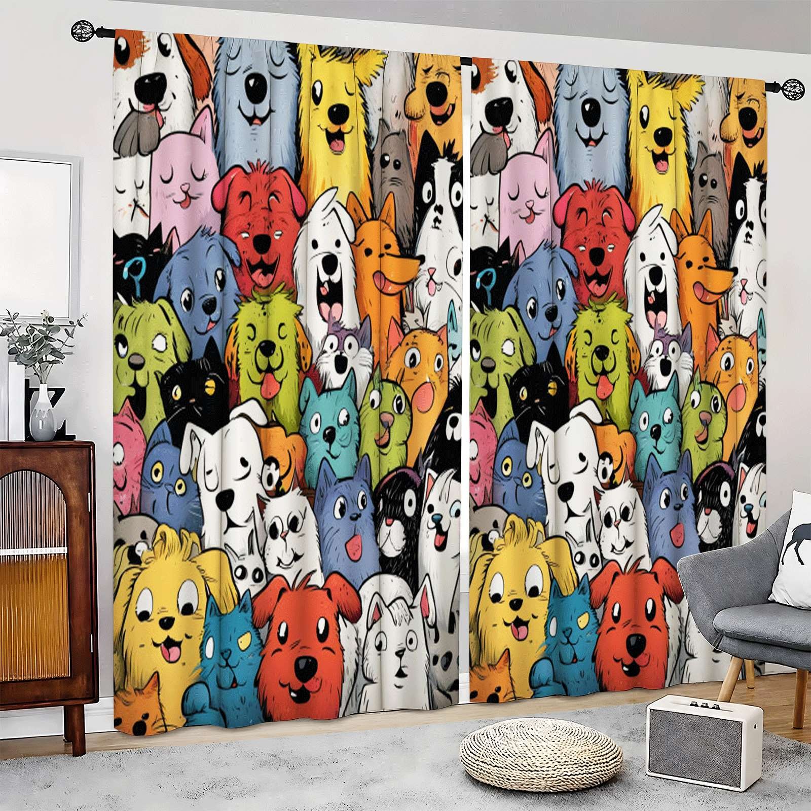 2Pcs Cute Colorful Dog Cat Pattern Curtains Thermal Insulated Drapes Home Decor