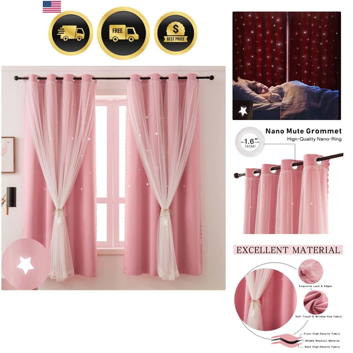 Pink Blackout Curtains for Girls Bedroom Cute - Aesthetic Star Cutout Double ...