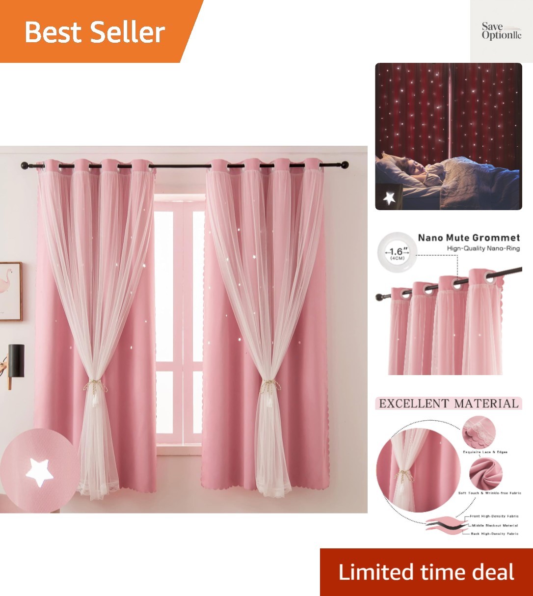 Pink Blackout Curtain for Girls Room 63 Inches Long Cute Star Cutout Decor | ...