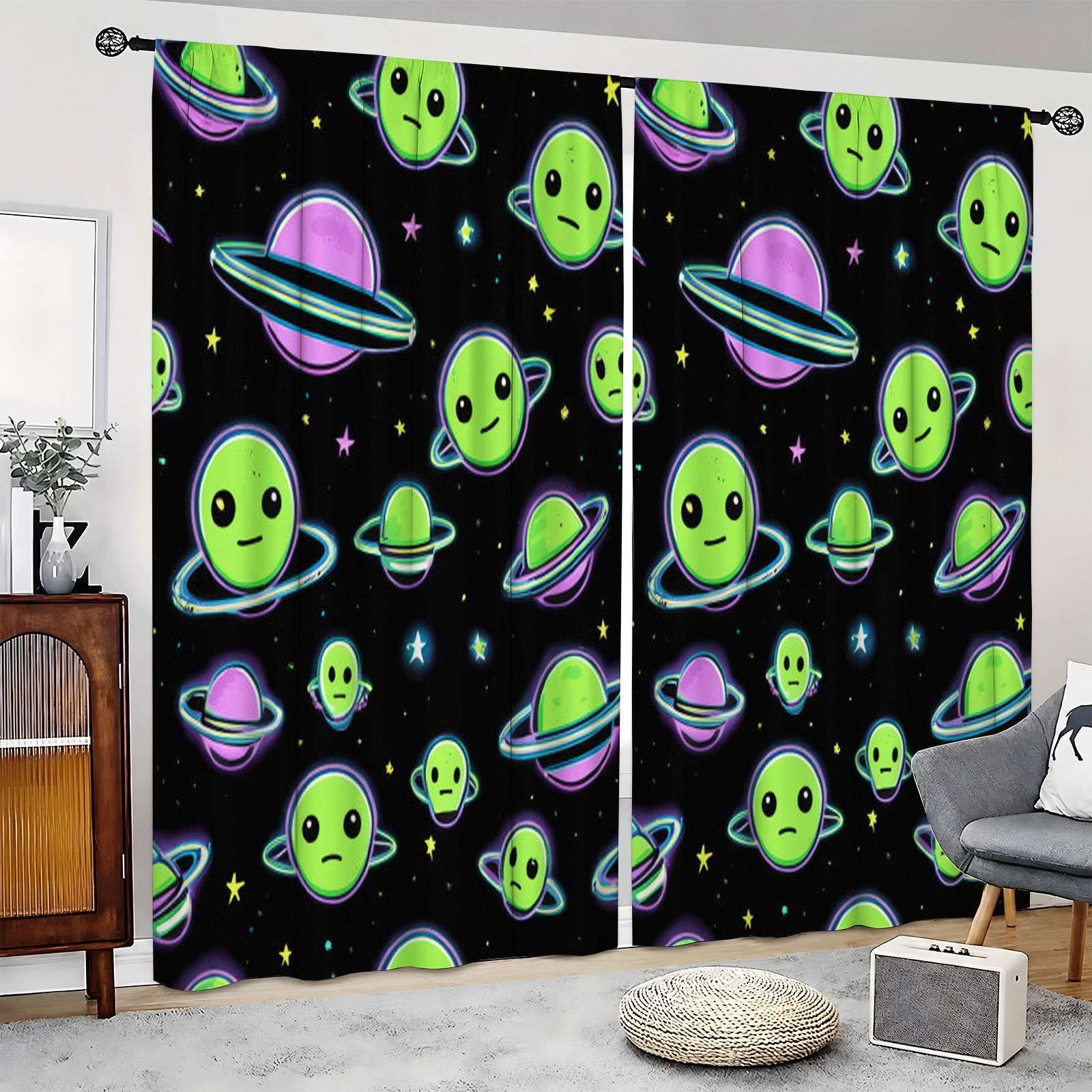 2Pcs Cute Alien Planet Pattern Curtains Thermal Insulated Drapes for Home Decor