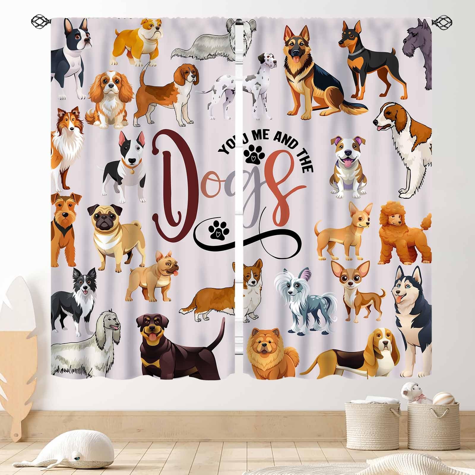Cute Dog Curtains, Funny Animals Multi Puppy Dog Lovers Kawaii Cute Pets Colo...