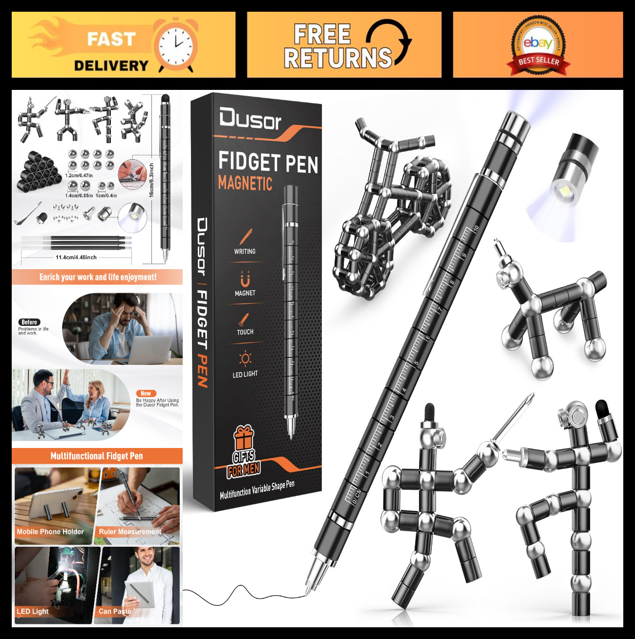 Multifunction Fidget Pen for Men & Teens, Cool Back to School Gift, Gadgets for