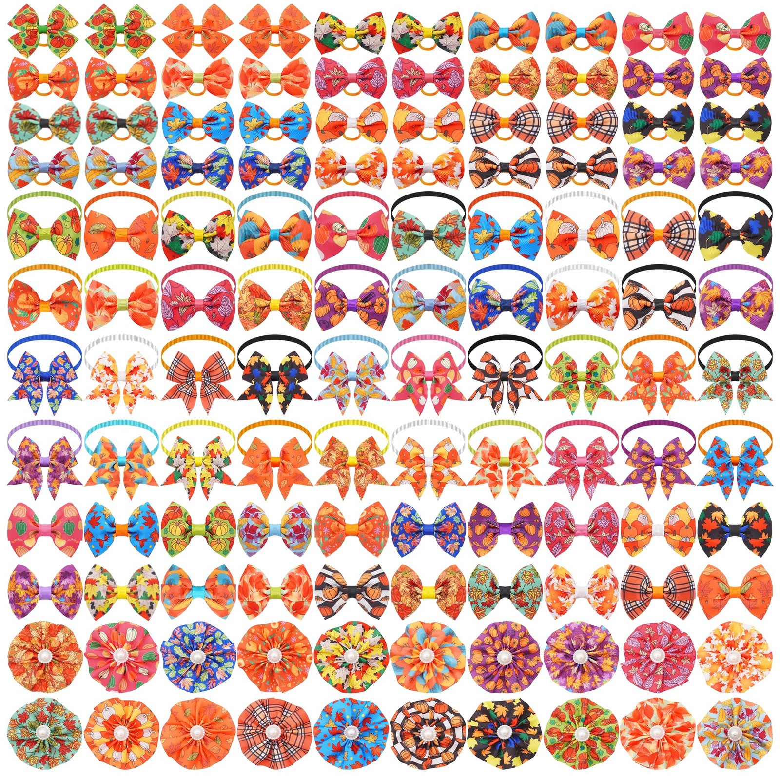 120 PCS Fall Dog Costume Set Collars Flowers Bowties Pumpkin Maple Leaves