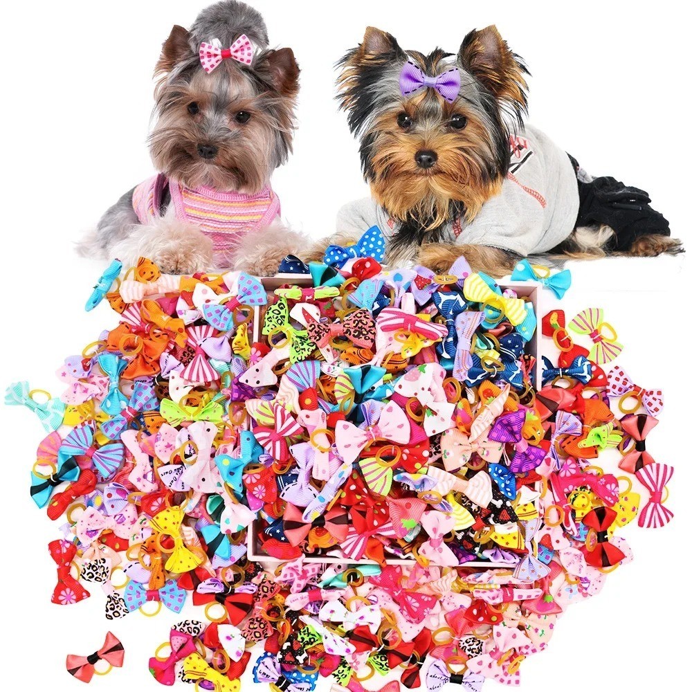 200 Pack Small Dog Hair Bows Bowknot Grooming Bands for Puppies & Yorkies