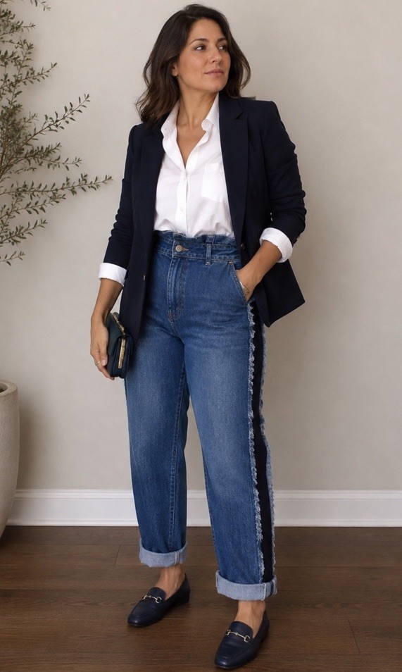 Brunello Cucinelli Paper Bag Loose Jeans Sz 14 IT 50 Blue Denim Tuxedo Stripe