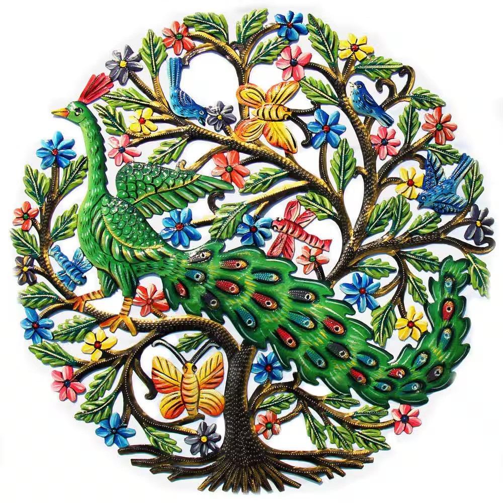 Global Craft Indoor/Outdoor Peacock in Tree Haitian Steel Drum Wall Art Multi