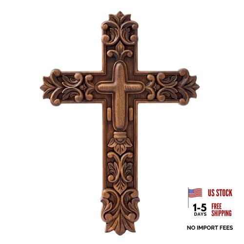 Handcrafted Wooden Wall Cross with Ornate Lily Flower Carved Design 10"L x 7"W