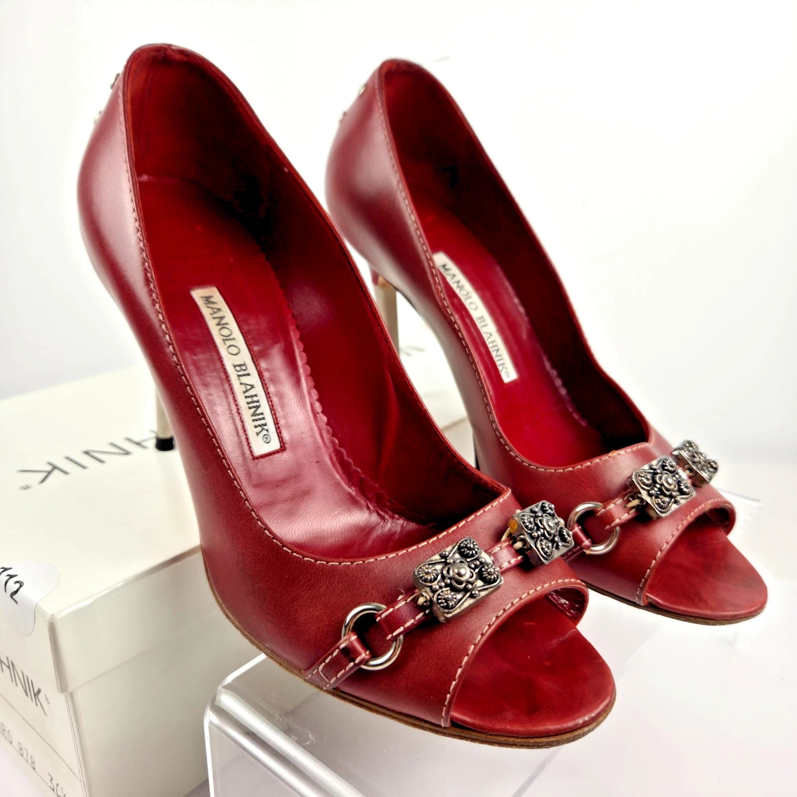 Manolo Blahnik Bihari Burgundy Leather Peep Toe Heels EU 36.5 Vintage W/ Box