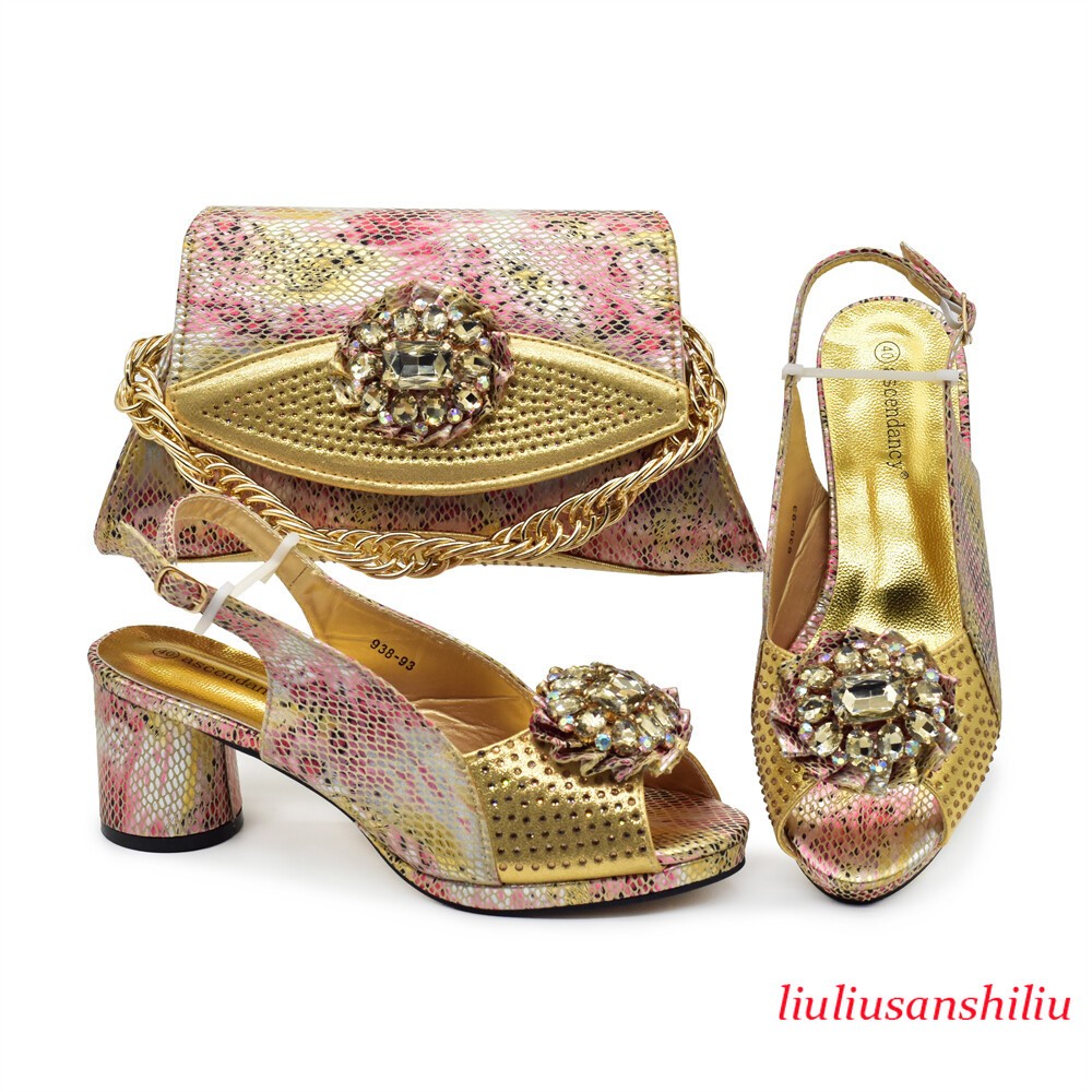 Italian Design Luxury Shoes and Bag with Matching Fashion Rhinestone Mid 6.5 CM