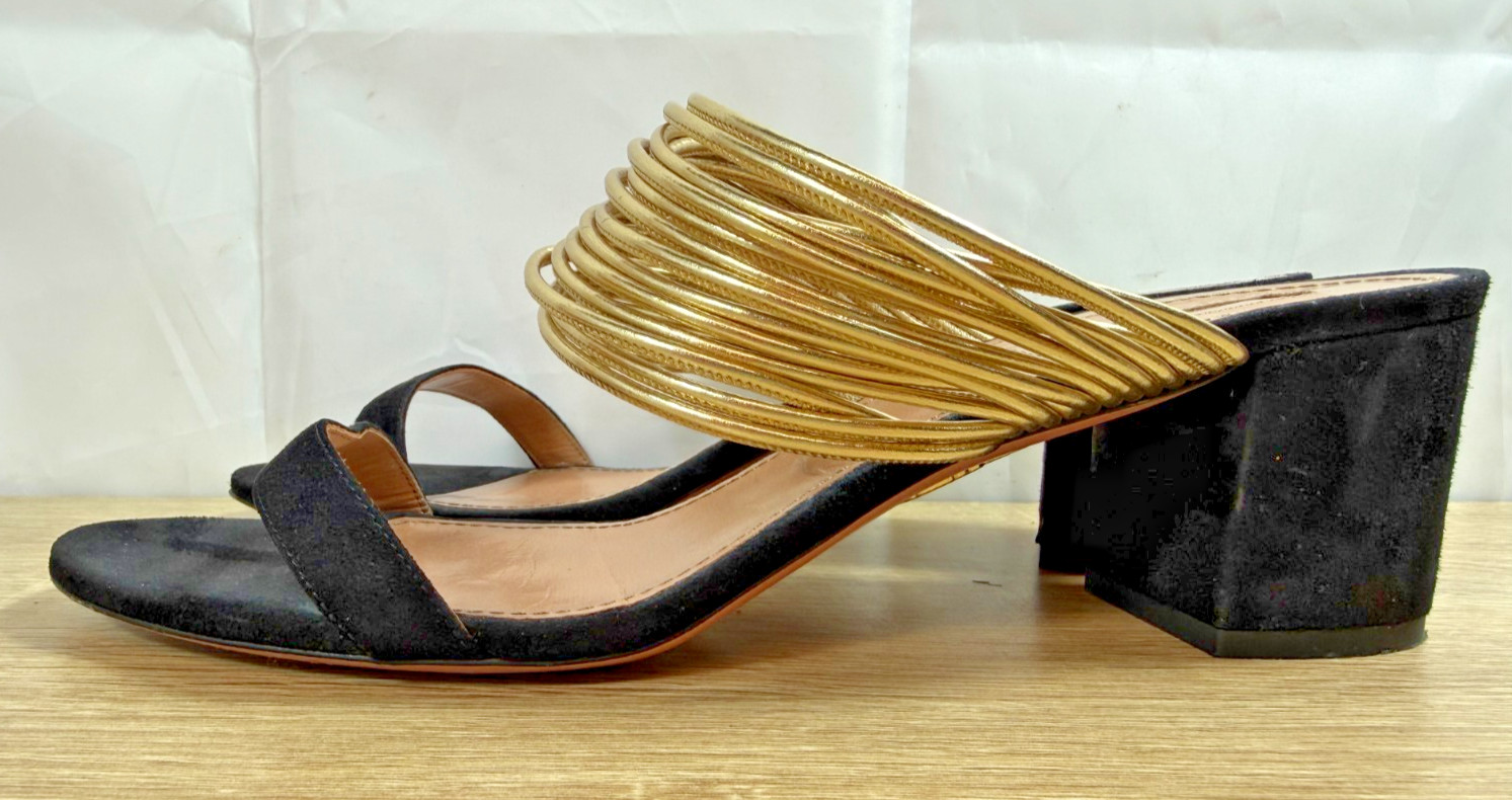 Aquazzura Rendezvous 45 Mules Black Suede Gold Leather EU 41 + Dust Bag Made