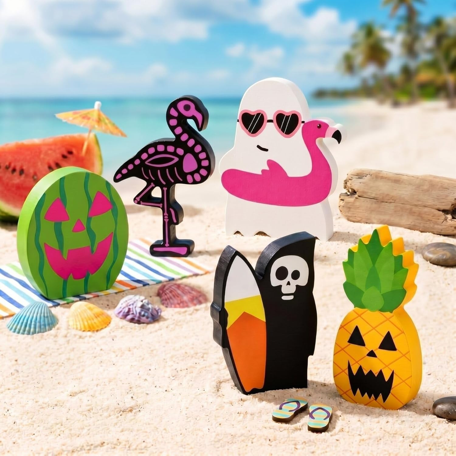 Leinuosen 5 Pieces Summer Halloween Wooden Table Decorations Cute Spooky Centerp