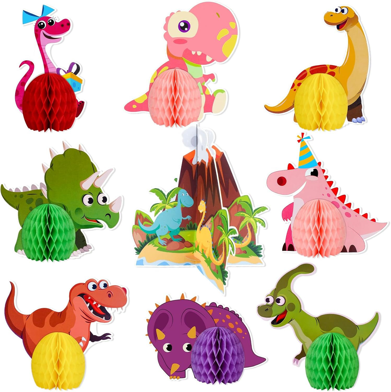 9Pcs Dinosaur Honeycomb Table Decorations, 3D Cute Dinosaur Centerpieces