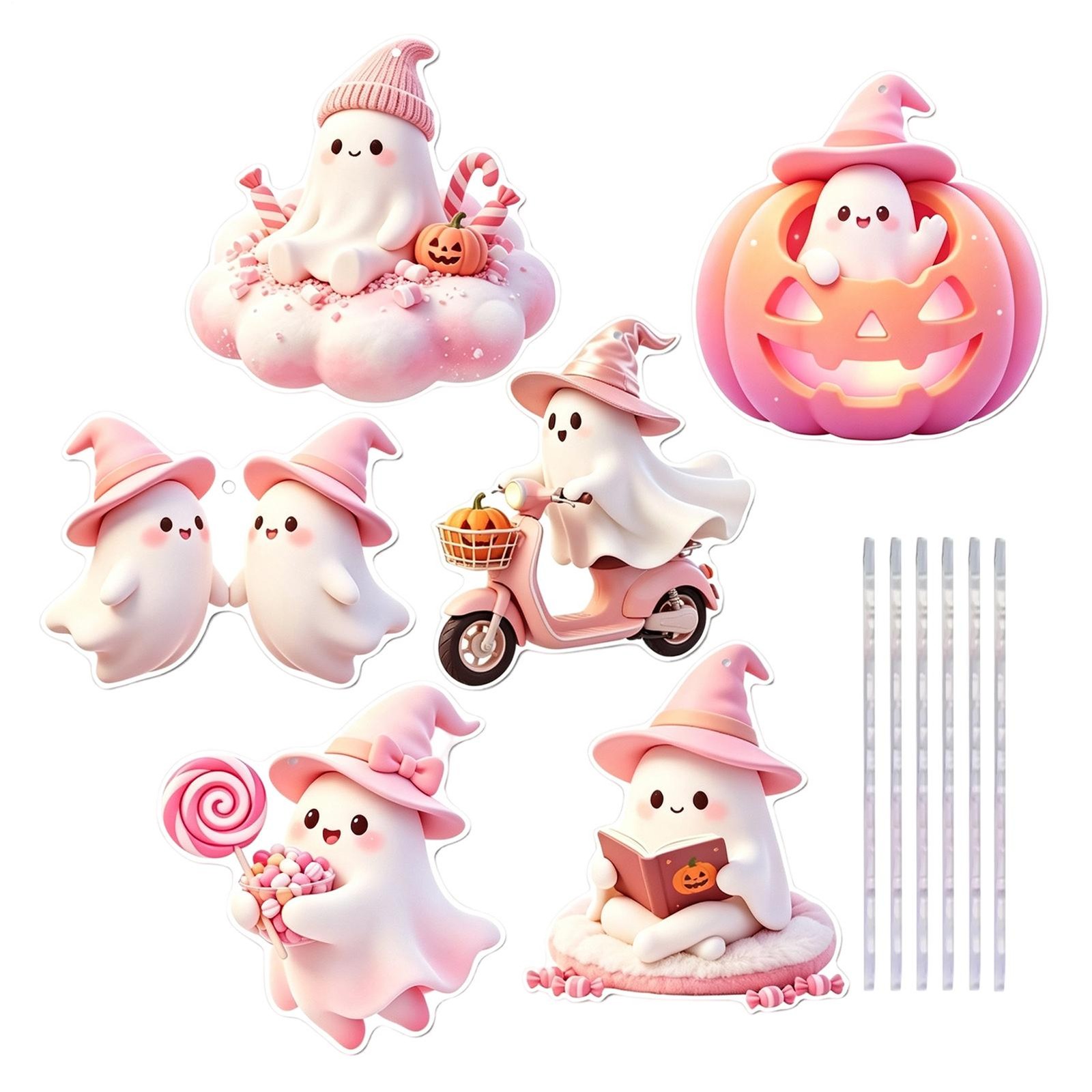 6pcs 2D Acrylic Cute Pink Ghost Ornaments Halloween Hanging Decor Party Decor