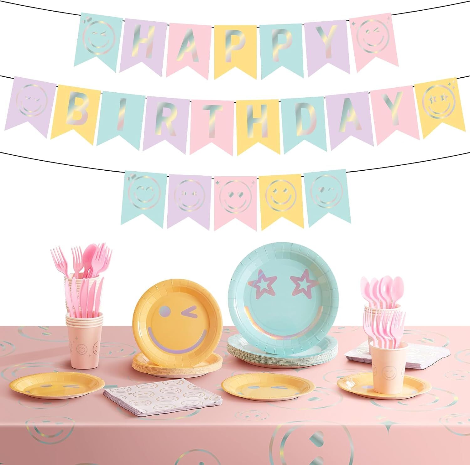175 Pcs Smile Face Preppy Birthday Decorations Set Cute Preppy Party Tableware.