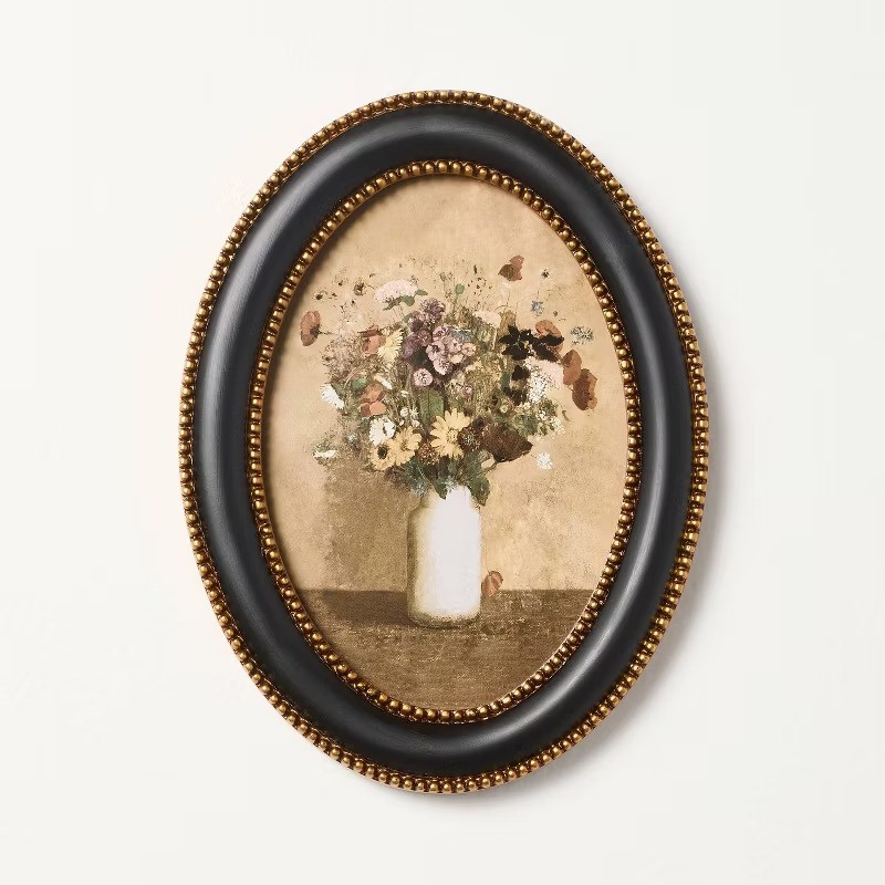 Black and Brass Oval Framed Floral Wall Art