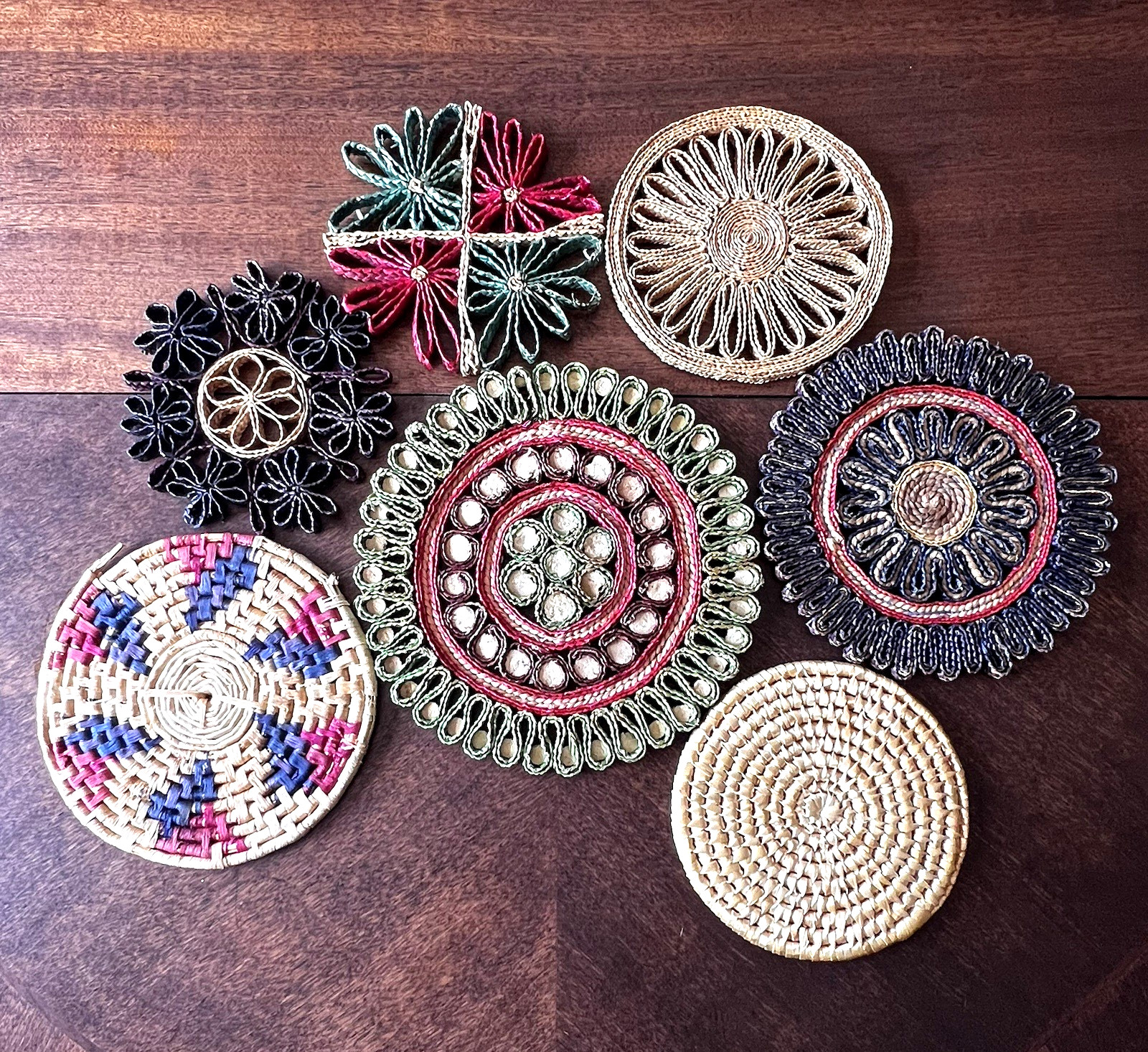Vtg Woven Wicker Straw Raffia Rattan Trivet Hot Pad Wall Art Boho lot of 7