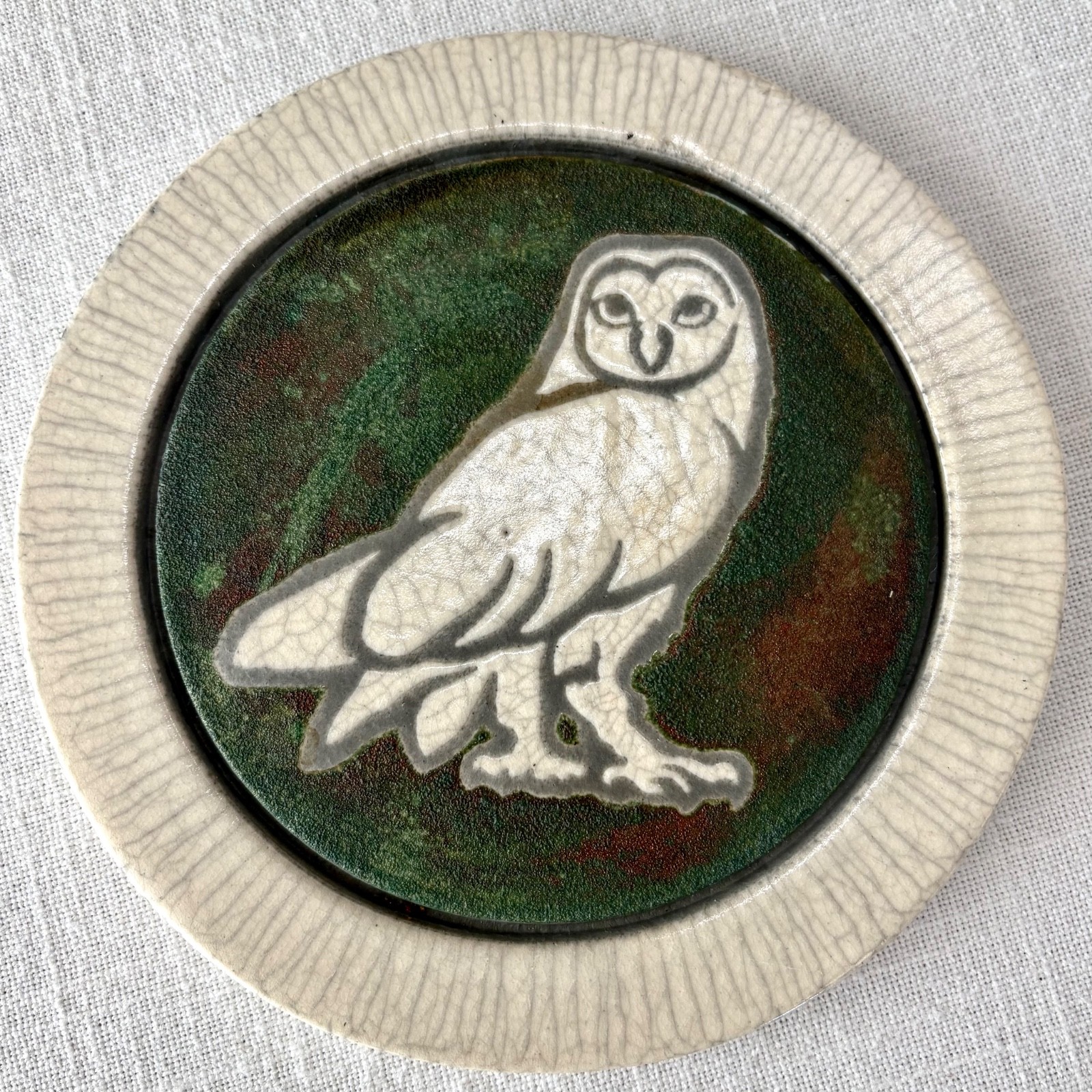 Jeremy Diller 6.5"  Raku Owl Studio Pottery Wall Art Trivet USA Signed Plate