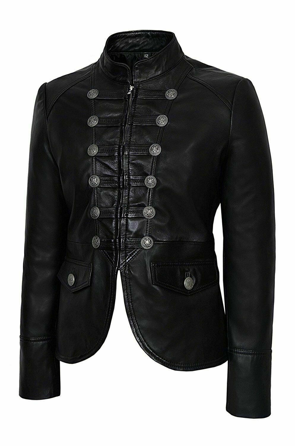 Women's Black Lambskin Leather Military Band Jacket Vintage Retro Parade Coat