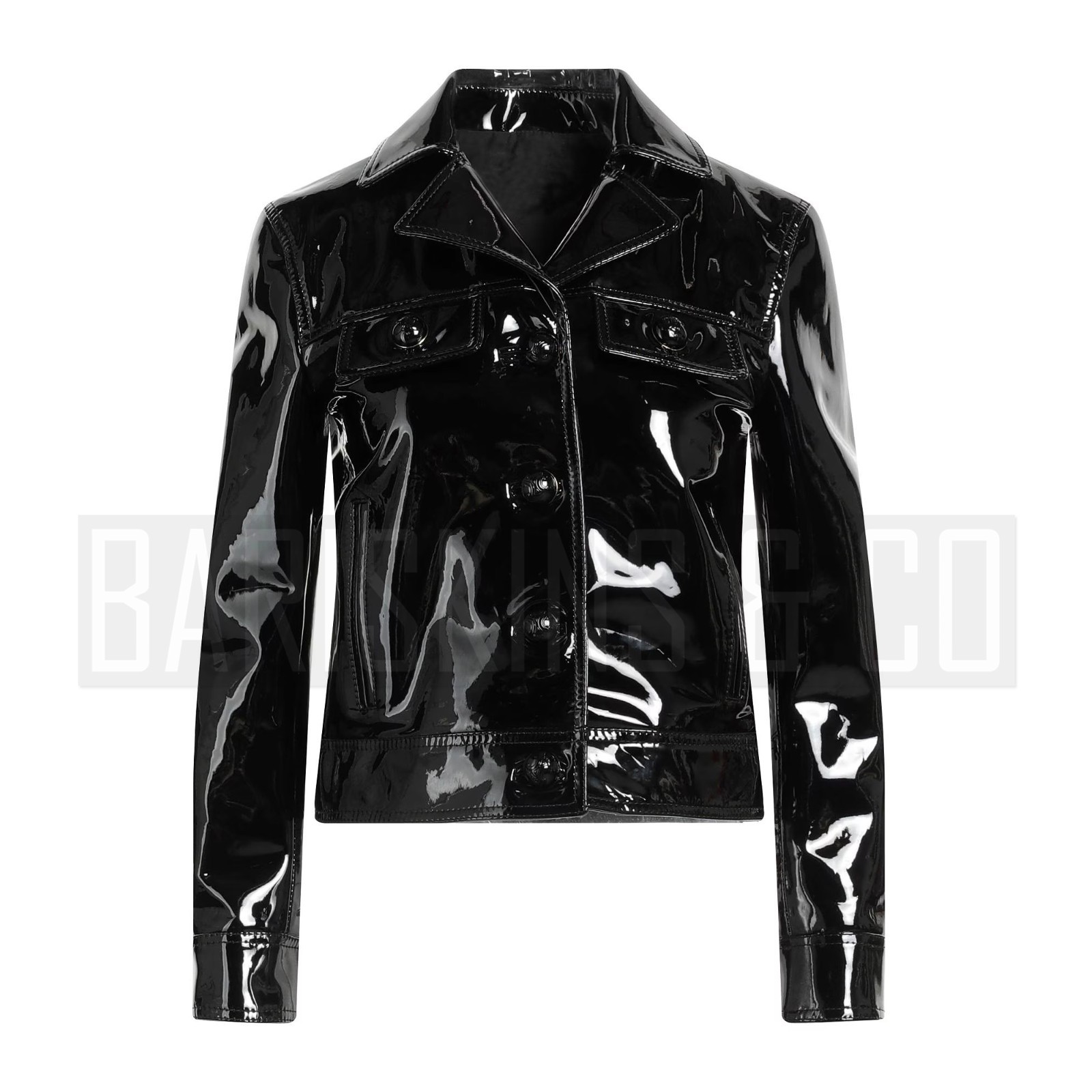Trendy Women’s Glossy Black Vinyl Jacket, Patent Faux Leather Chic Button Coat