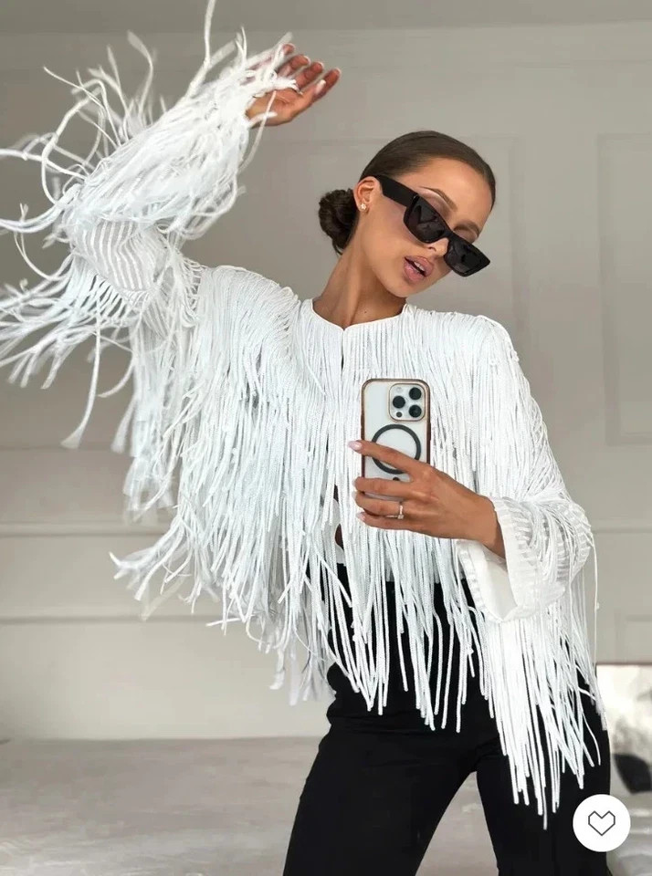 ZARA 2026 ZW Collection WHITE Sequin Fringe Jacket Size M 3210/040 Trendy