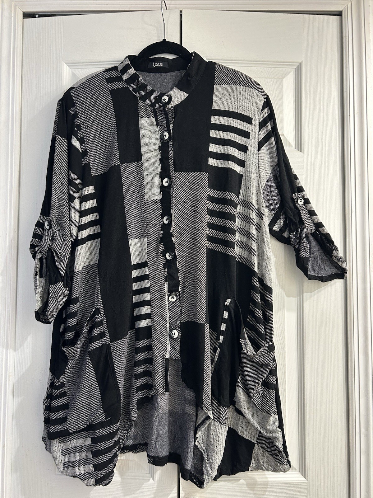 Lagenlook Asymmetric Knit Tunic Jacket~Pockets~Tab Sleev~Black/Gray Geometric~XL