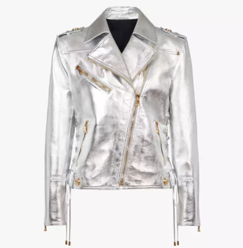 NEW Handmade Party Genuine Silver Jacket Motorcycle Women soft Lambskin Leather
