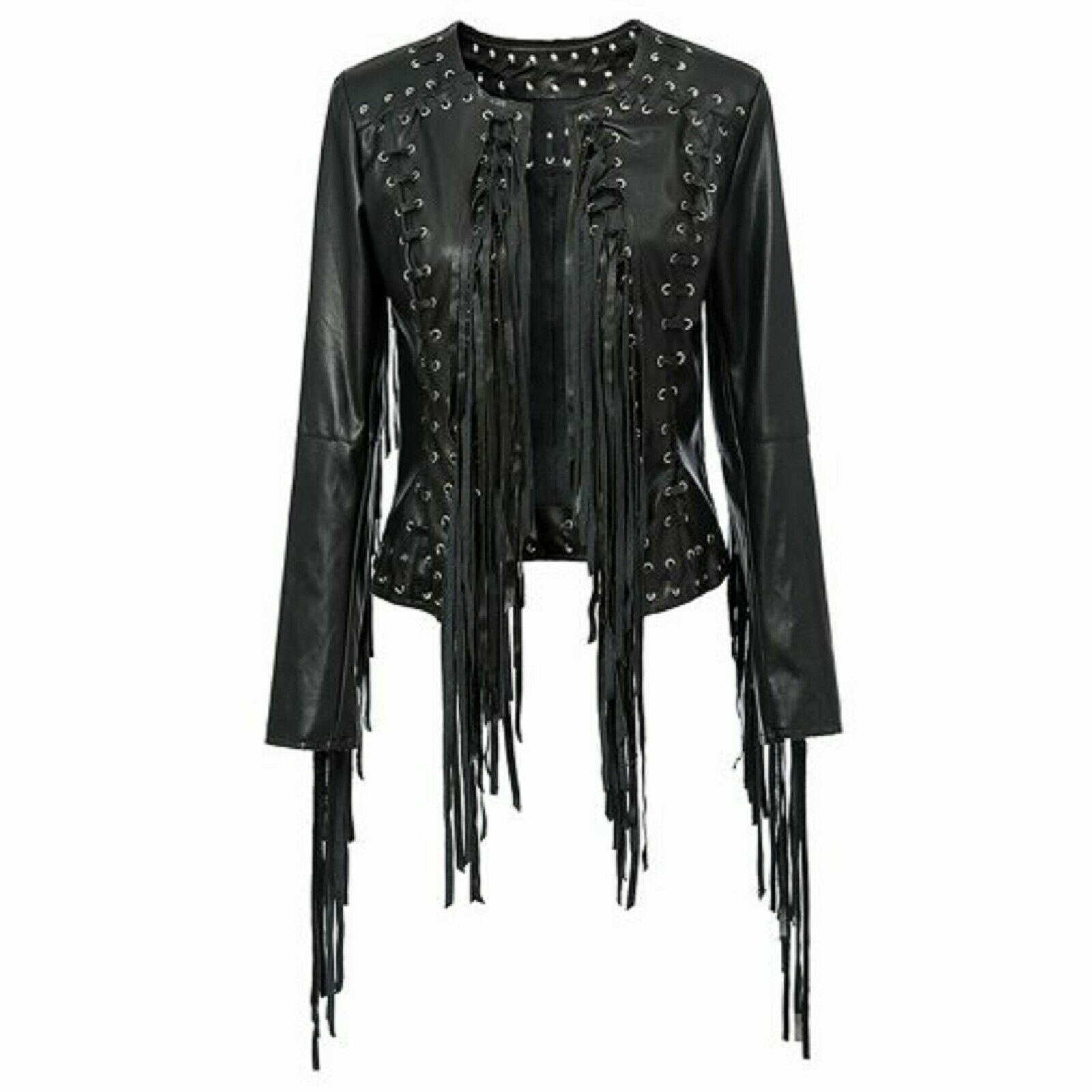 Women's 100% Lambskin Real Leather Jacket Black Fringes Biker Laced Up Jacket 