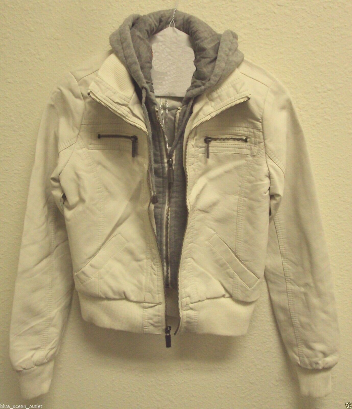 TRENDY FASHION PU FAUX LEATHER JUNIOR JACKET SWEATER HOODIE HOODED WHITE GREY