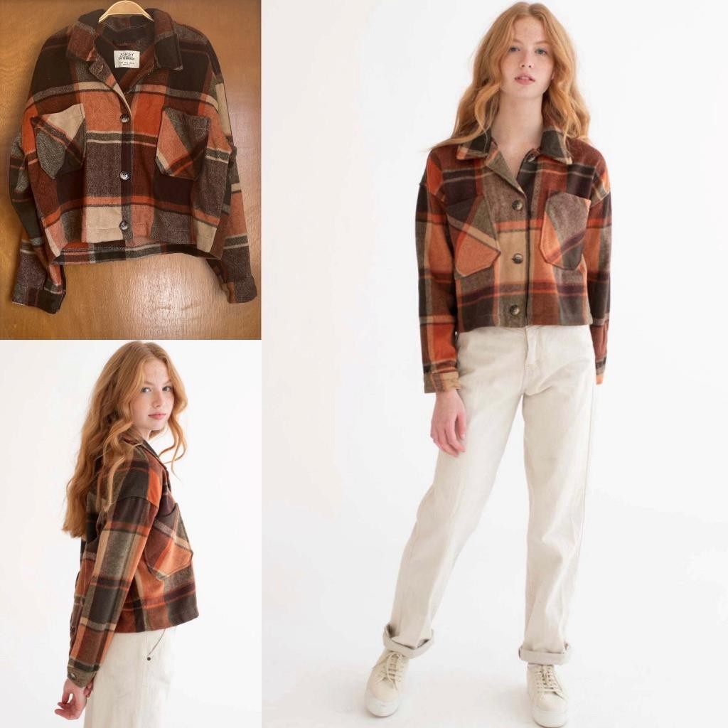 ASHLEY Oversized Cropped Plaid Fall Jacket L XL? Soft Flannel Brown Rust Trendy