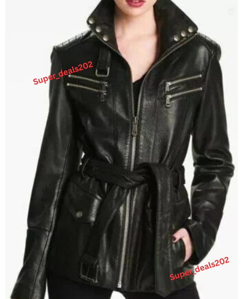 Womens Black Lambskin Leather Long Trench Coat Stylish Trendy Fashion Wear Outfi